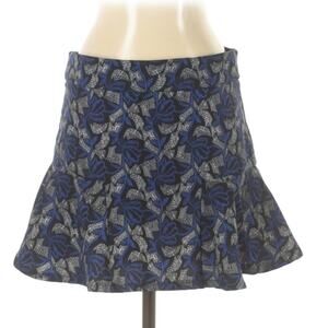 Aqua patterned black, blue, white fit and flare ruffle hem skirt, small